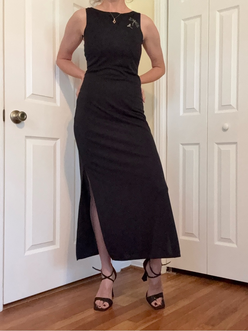 VTG Jalete Black Sleeveless Maxi Dress with Side Slits Dragonfly Detail